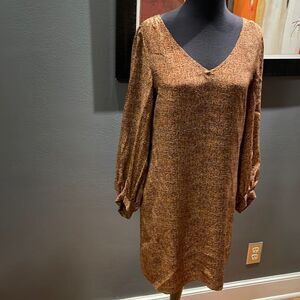 Waverly Grey 100% silk shards of brown tiny grid shift midi. back neckline strap